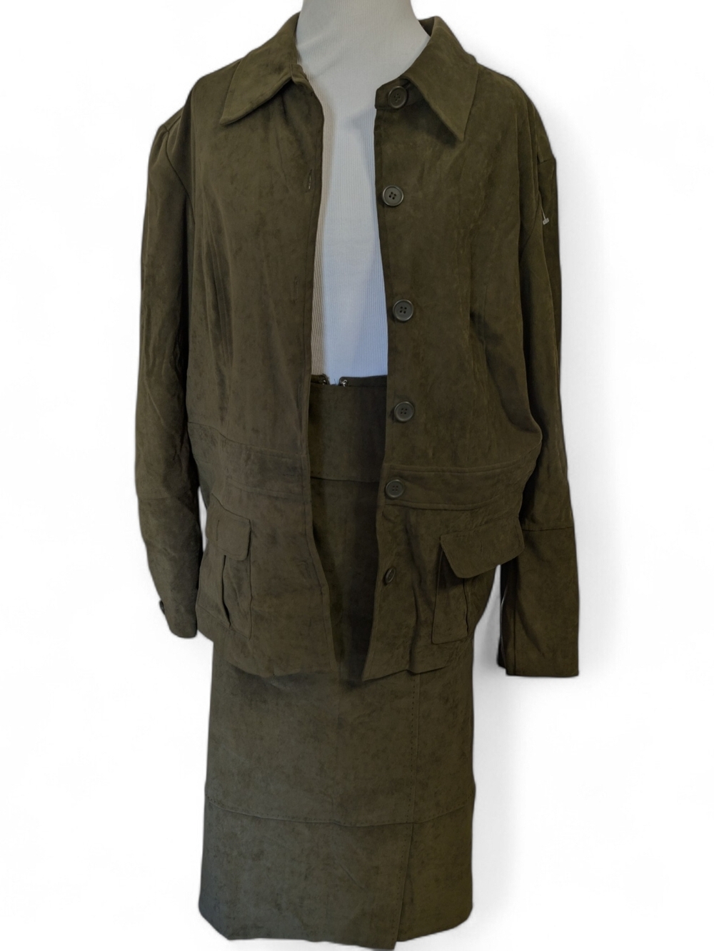 Women's Olive Green Suede Like Blazer Jacket And Skirt